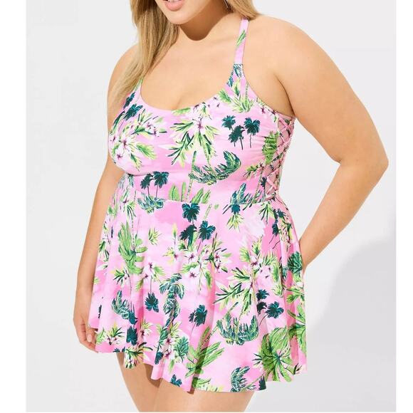 Torrid 4 (4X 26) Pink Tropical Wireless Padded Short Length Swim Dress w/Briefs - Picture 2 of 3